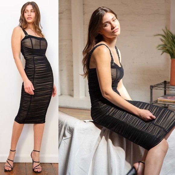 Lulus Bodycon Ruched Mesh Midi Dress Wedding Cocktail Party Event Formal Corset - Picture 1 of 11